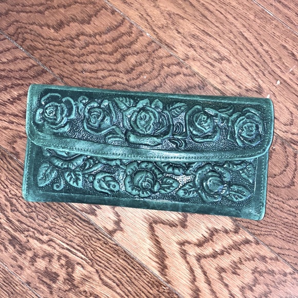 Handbags - Vintage Green Tooled Leather Wallet with Roses